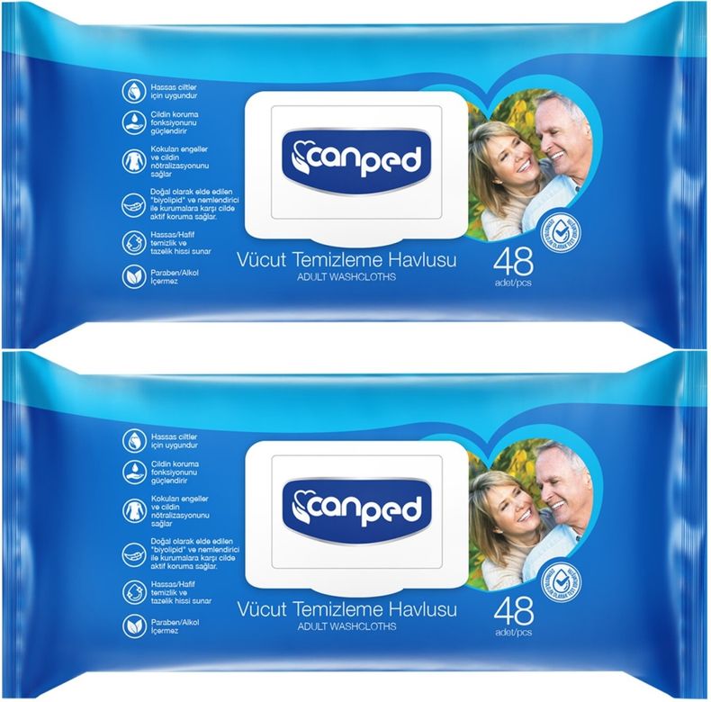 Canped Yetişkin Vücut Perine Temizleme Islak Mendil Havlu 48 Yaprak XL (2 Li Set) Plastik Kapaklı
