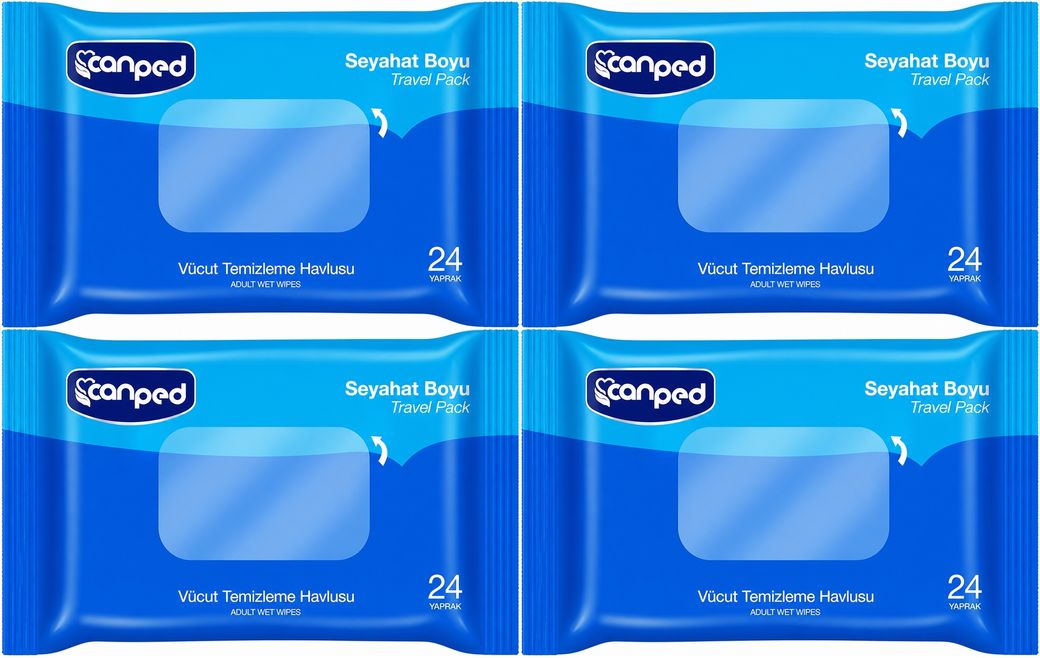 Canped Yetişkin Vücut Temizleme Islak Mendil Havlu 24 Yaprak Seyahat Boy 4 Lü Set (96 Yaprak)