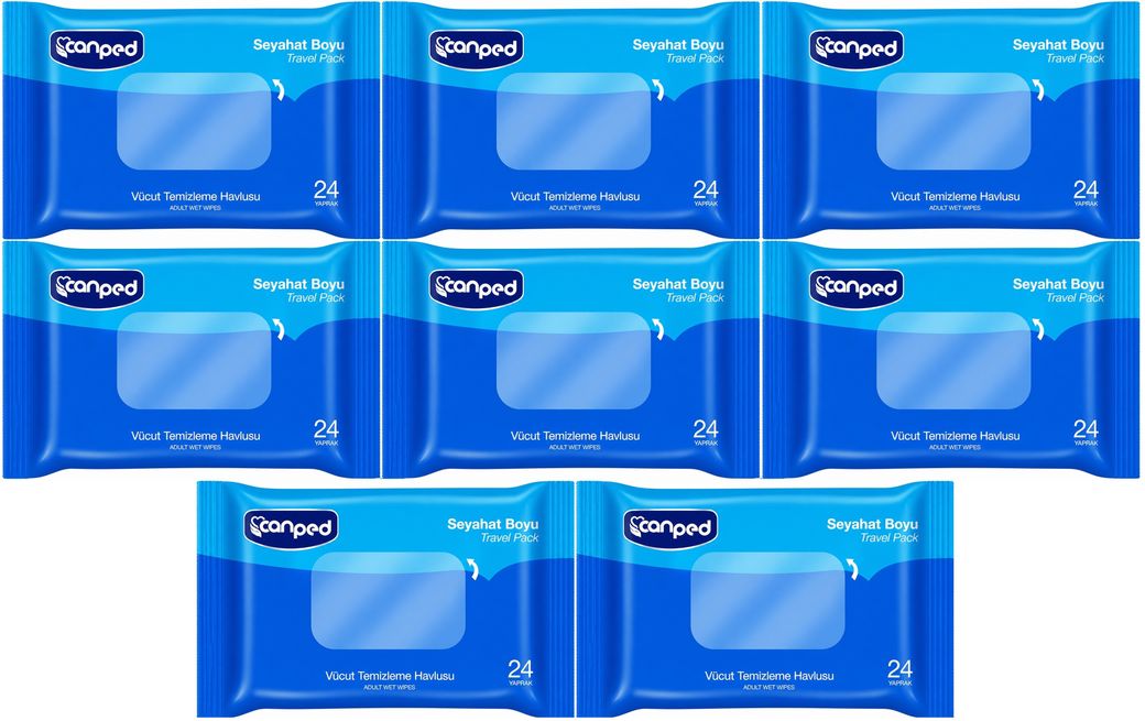 Canped Yetişkin Vücut Temizleme Islak Mendil Havlu 24 Yaprak Seyahat Boy 8 Li Set (192 Yaprak)
