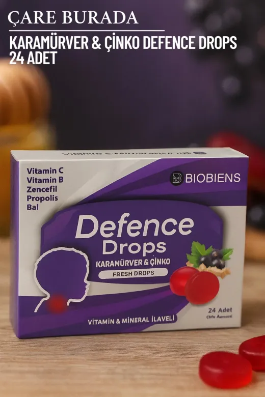 Çare Burada defencedrops Biobiens - Karamürver & Çinko Pastil 24 Adet ( Propolis & Zencefil & Vitamin B)