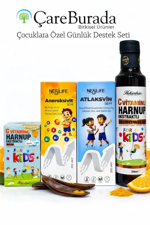 Çare Burada P5626S4176 Çareburada Çocuklara Özel Günlük Destek Seti | Multivitamin + Kalsiyum D3 + C Vitaminli Harnup Pekme