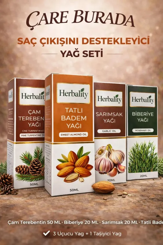 Çare Burada P5783S6204 Saç Çıkışını Destekleyici Yağ Seti (Sarımsak Yağı & Biberiye Yağı & Çam Terebentin Yağı & Tatlı Bade