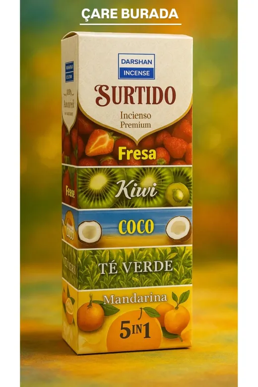 Çare Burada surtidotütsü Darshan Incense - Çilek & Kivi & Yeşilçay & Hindistan Cevizi & Mandalina 20'li Çubuk Tütsü