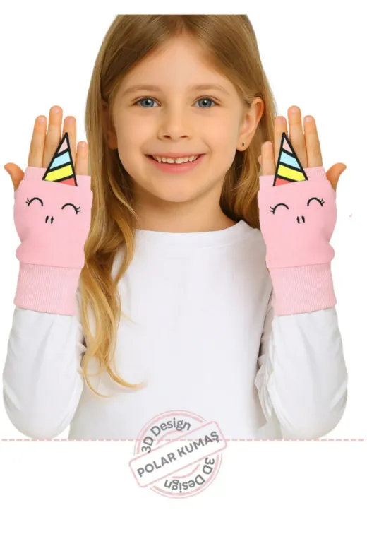 Casabony 23k-025 Unicorns 3D Nakışlı Polar Pembe Kız Çocuk Eldiven