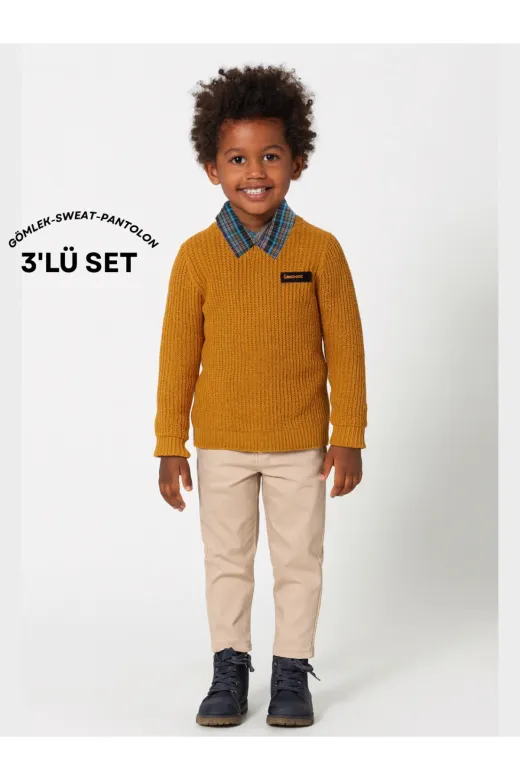 Casabony 3'lü Set Hardal Triko Sweat & Pantolon & Gömlek Erkek Çocuk Takım
