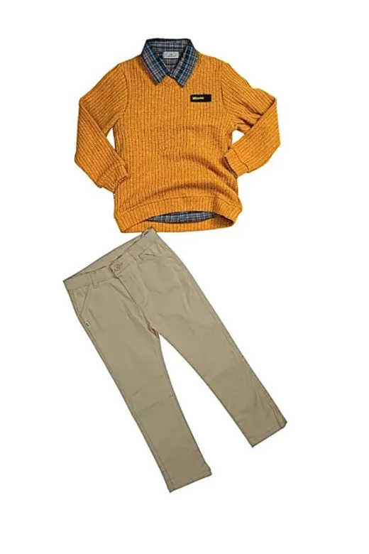 Casabony 3'lü Set Hardal Triko Sweat & Pantolon & Gömlek Erkek Çocuk Takım