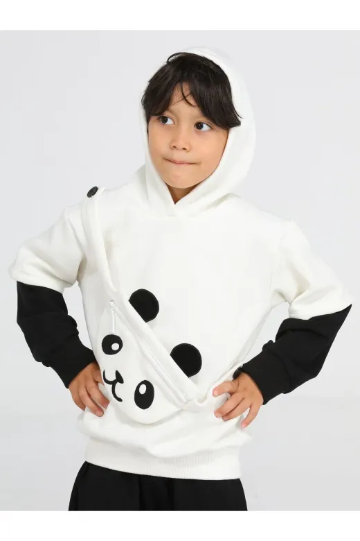 Casabony CS-23K-007 Panda Unisex Mobil Çantalı Krem Sweatshirt