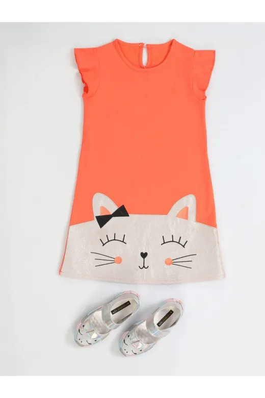 Casabony CS-24Y-023 Kedi Parlak Örme Kız Elbise