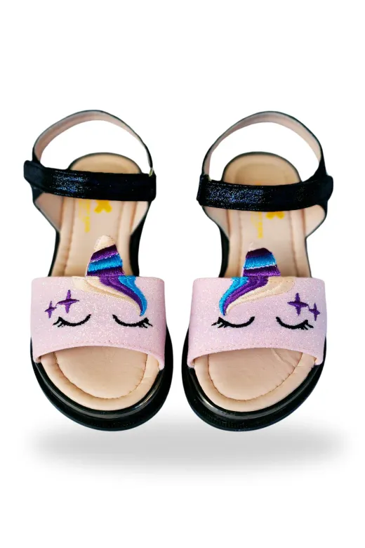 Casabony CS-25Y-018 Simli Pembe Unicorn İşlemeli Kız Çocuk Sandalet