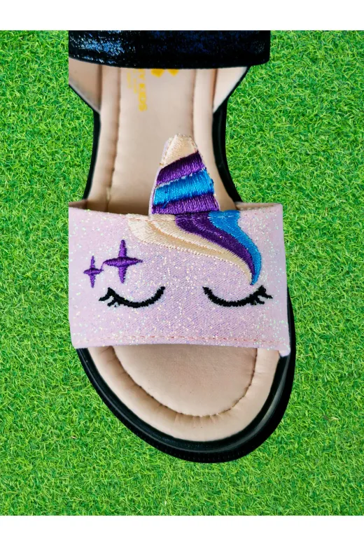 Casabony CS-25Y-018 Simli Pembe Unicorn İşlemeli Kız Çocuk Sandalet
