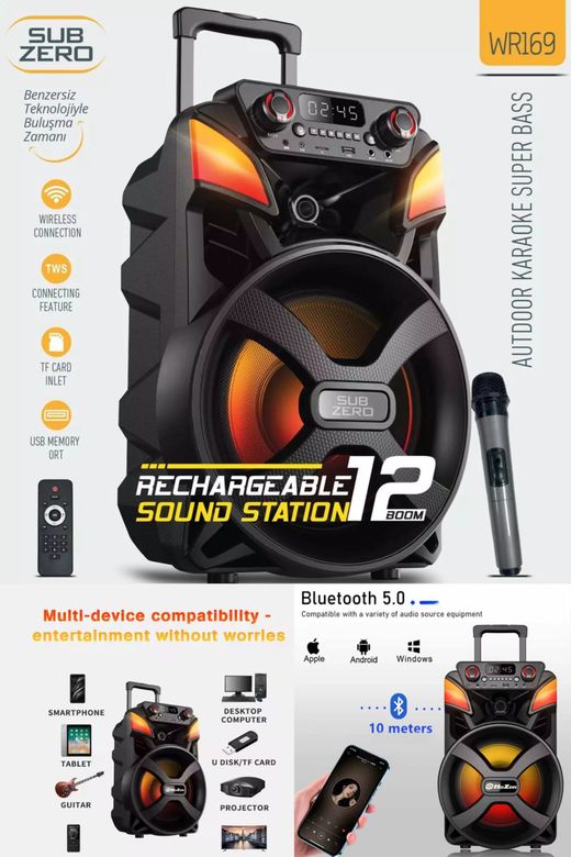 CdRlHrfxke Subzero Wr169 Profosyonel Işıklı Kablosuz Mikrofonlu Bluetooth Hoparlör