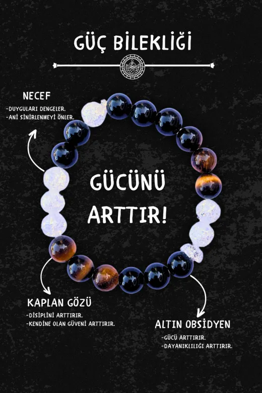 Chi Zen DÜZ-21 Güç Doğal Erkek Tılsım Bilekliği Düz 8Mm (Altın Obsidyen, Kaplan Gözü, Necef Taşı) Chi-Zen Bileklik