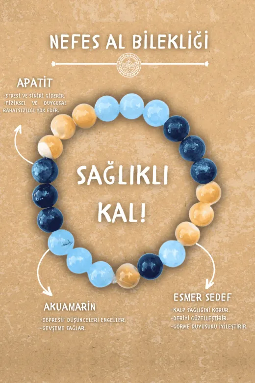 Chi Zen DÜZ-21 Nefes Al Doğal Taş Tılsım Bilekliği Düz 8Mm (Akuamarin, Esmer Sedef, Apatit Taşı) Chi-Zen Bileklik