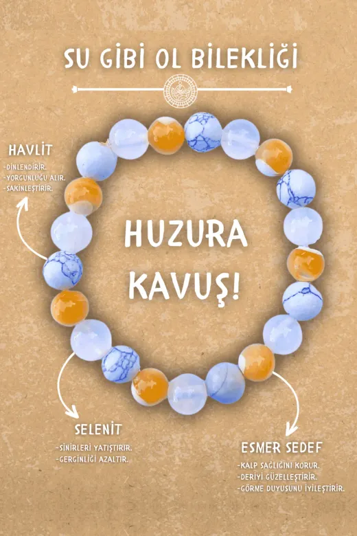 Chi Zen DÜZ-21 Su Gibi Ol Doğal Taş Tılsım Bilekliği Düz 8Mm (Esmer Sedef, Selenit, Havlit Taşı) Chi-Zen Bileklik