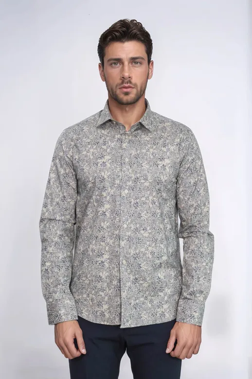 Çiçek Desenli Bej Slim Fit Gömlek - Wessi - 3XL / Bej