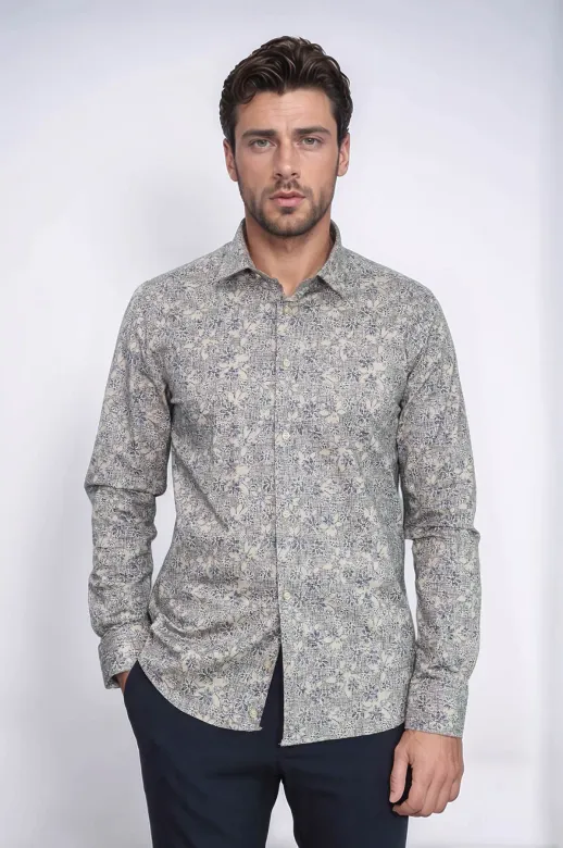Çiçek Desenli Bej Slim Fit Gömlek - Wessi - S / Bej