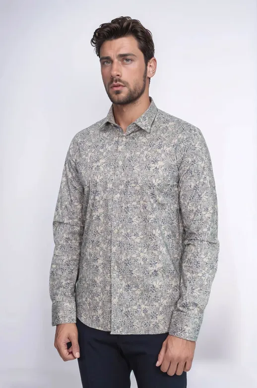 Çiçek Desenli Bej Slim Fit Gömlek - Wessi - S / Bej