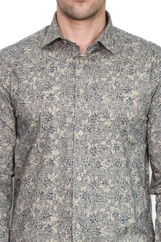 Çiçek Desenli Bej Slim Fit Gömlek - Wessi - XXL / Bej