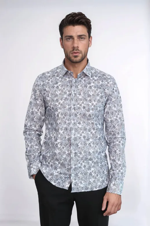 Çiçek Desenli Gri Slim Fit Gömlek - Wessi - 3XL / Gri