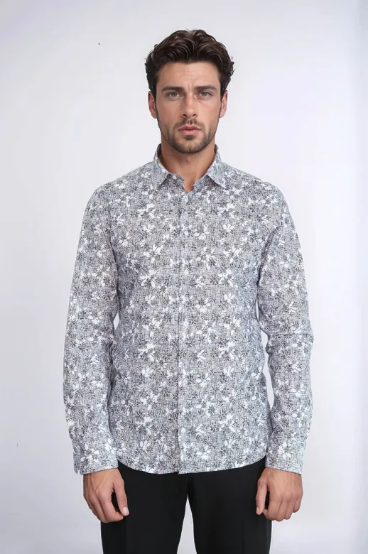 Çiçek Desenli Gri Slim Fit Gömlek - Wessi - 3XL / Gri