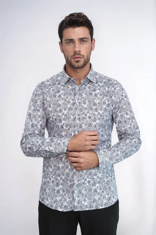 Çiçek Desenli Gri Slim Fit Gömlek - Wessi - 3XL / Gri