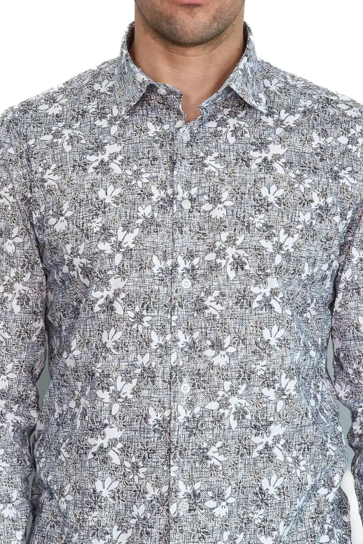 Çiçek Desenli Gri Slim Fit Gömlek - Wessi - M / Gri