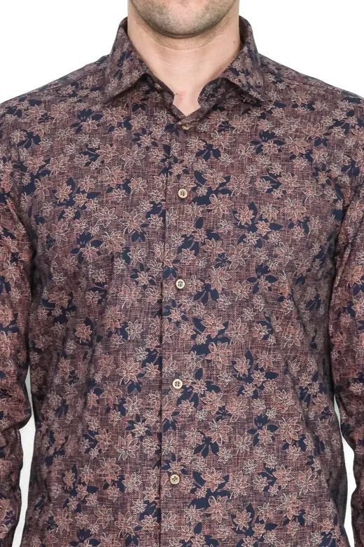 Çiçek Desenli Kahverengi Slim Fit Gömlek - Wessi - 3XL / Kahverengi