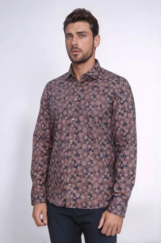 Çiçek Desenli Kahverengi Slim Fit Gömlek - Wessi - XL / Kahverengi