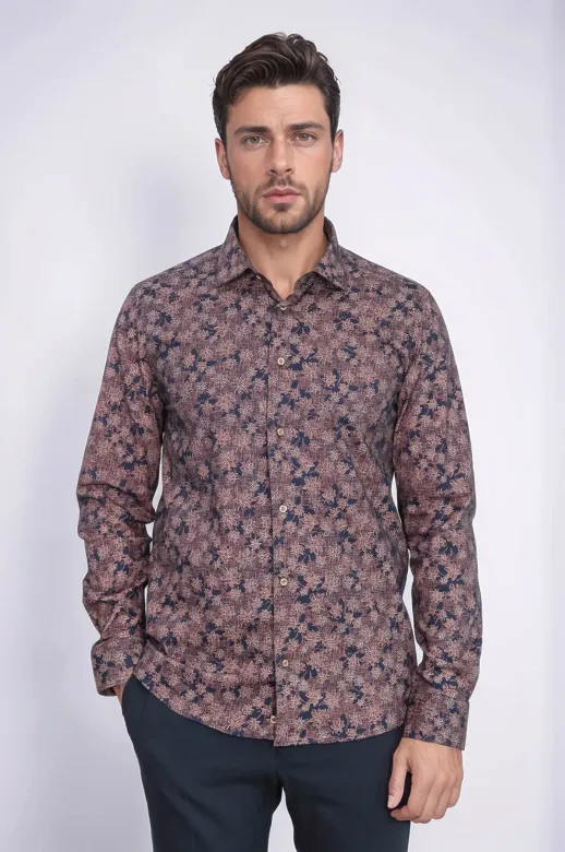 Çiçek Desenli Kahverengi Slim Fit Gömlek - Wessi - XXL / Kahverengi