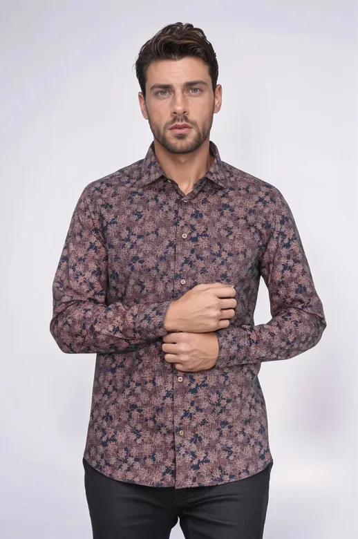Çiçek Desenli Kahverengi Slim Fit Gömlek - Wessi - XXL / Kahverengi