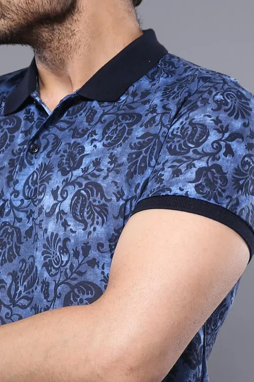Çiçek Desenli Mavi Polo Yaka T-shirt | Wessi