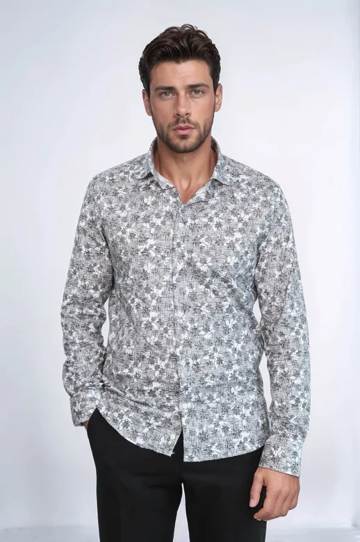 Çiçek Desenli Slim Fit Koyu Gri Erkek Gömlek - Wessi - XL / Siyah