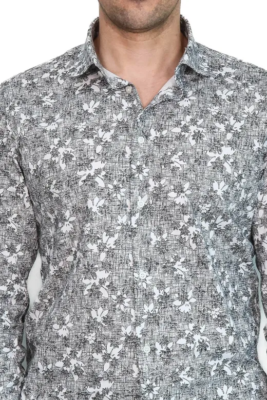 Çiçek Desenli Slim Fit Koyu Gri Erkek Gömlek - Wessi - XL / Siyah