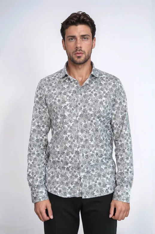 Çiçek Desenli Slim Fit Koyu Gri Erkek Gömlek - Wessi - XL / Siyah