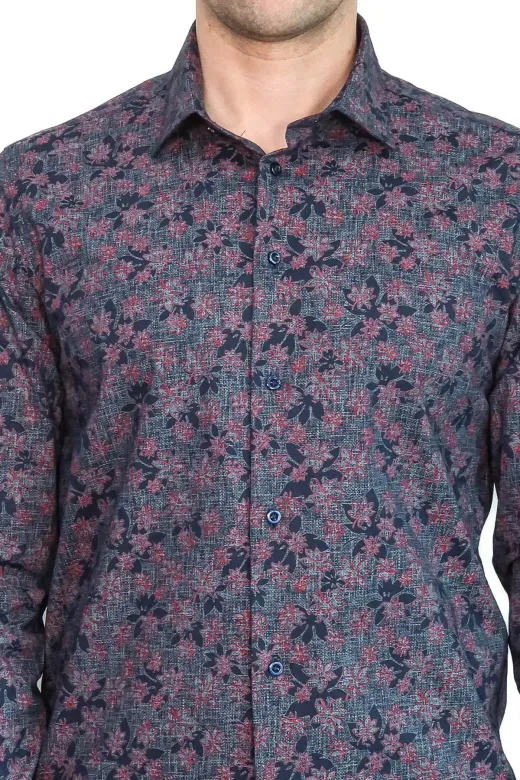 Çiçek Desenli Slim Fit Lacivert Erkek Gömlek - Wessi - 3XL / Lacivert
