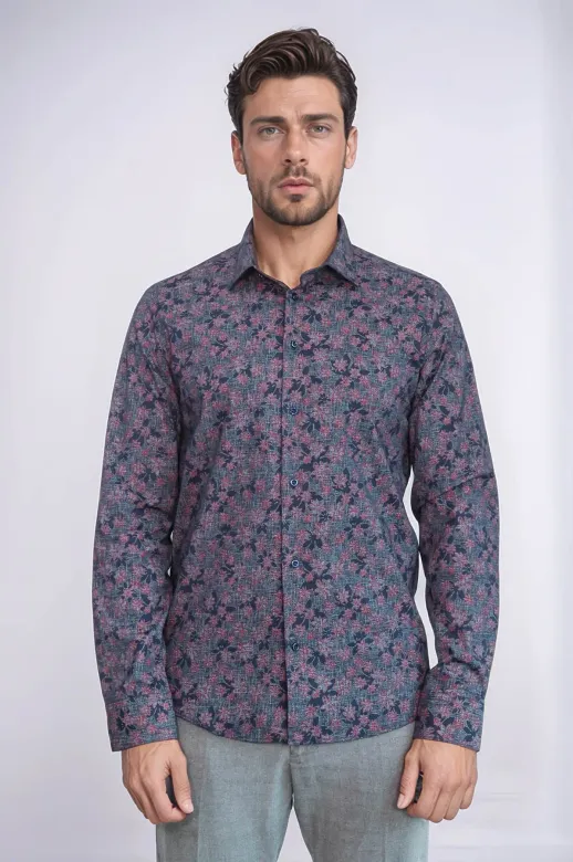 Çiçek Desenli Slim Fit Lacivert Erkek Gömlek - Wessi - 3XL / Lacivert