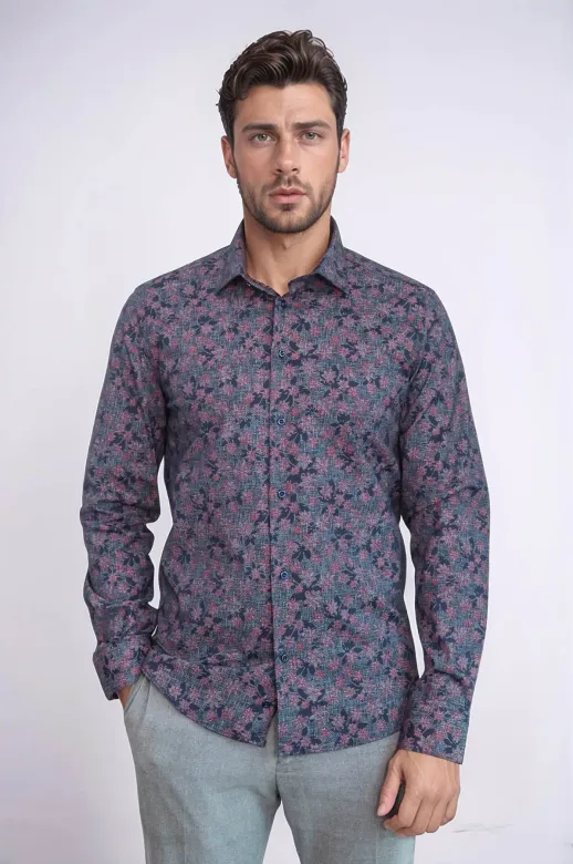 Çiçek Desenli Slim Fit Lacivert Erkek Gömlek - Wessi - XL / Lacivert