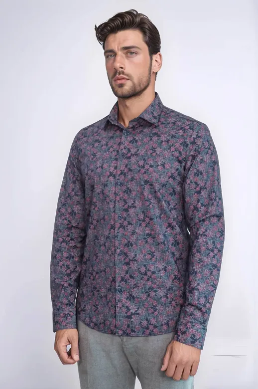 Çiçek Desenli Slim Fit Lacivert Erkek Gömlek - Wessi - XL / Lacivert