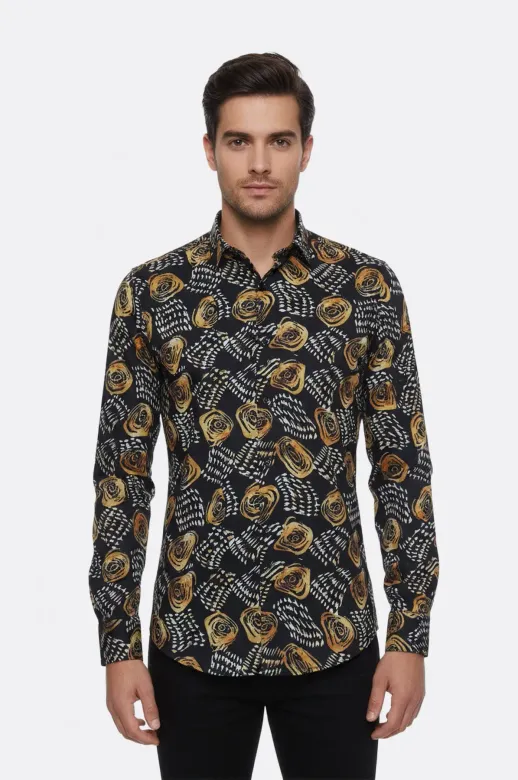 Çiçek Desenli Slim Fit Uzun Kollu Siyah Erkek Gömlek - Wessi - L / Siyah