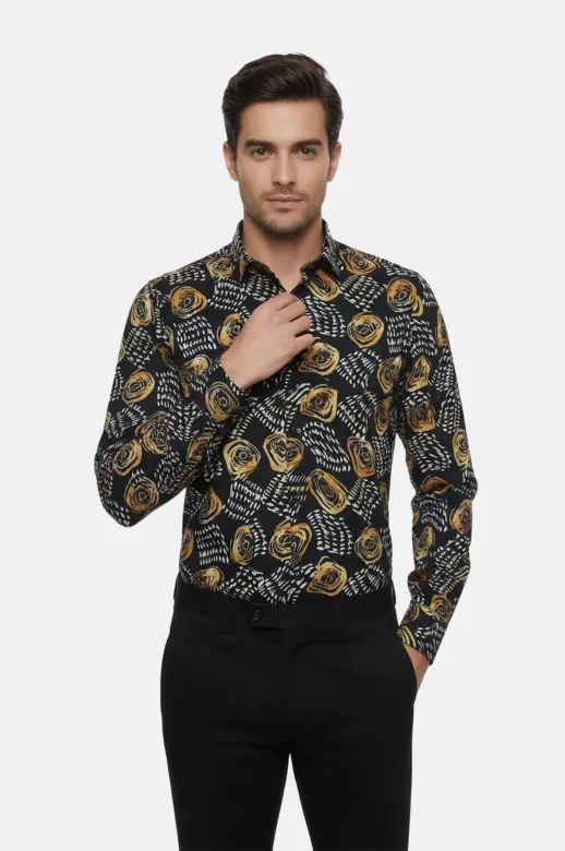 Çiçek Desenli Slim Fit Uzun Kollu Siyah Erkek Gömlek - Wessi - L / Siyah