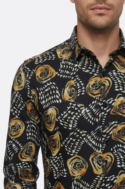 Çiçek Desenli Slim Fit Uzun Kollu Siyah Erkek Gömlek - Wessi - M / Siyah