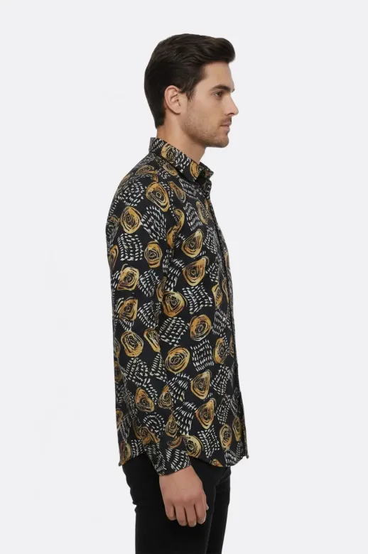Çiçek Desenli Slim Fit Uzun Kollu Siyah Erkek Gömlek - Wessi - M / Siyah