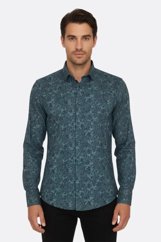 Çiçek Desenli Yeşil Slim Fit Gömlek - Wessi - 3XL / Yeşil
