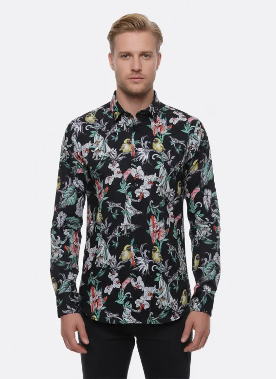 Çiçek Kuş Desenli Slim Fit Uzun Kollu Siyah Erkek Gömlek - Wessi - L / Siyah