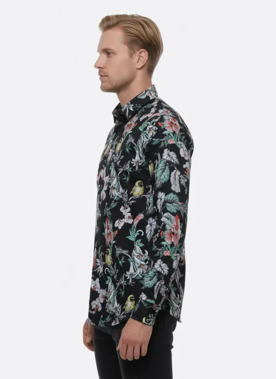 Çiçek Kuş Desenli Slim Fit Uzun Kollu Siyah Erkek Gömlek - Wessi - L / Siyah