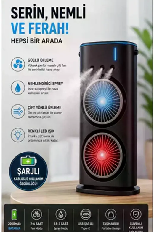 Çift Başlıklı Sprey Fan Nemlendirici Ve Renkli Led Işıklı Siyah