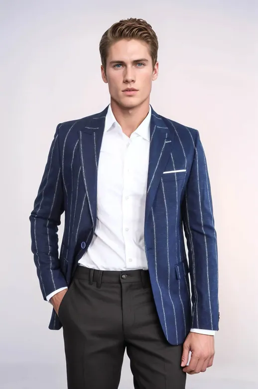 Çizgili Açık Slim Fit Lacivert Erkek Ceket - Wessi
