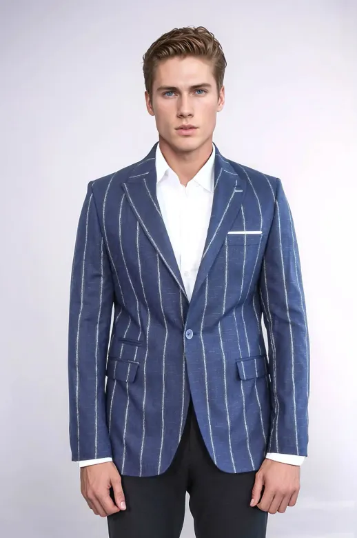 Çizgili Açık Slim Fit Lacivert Erkek Ceket - Wessi