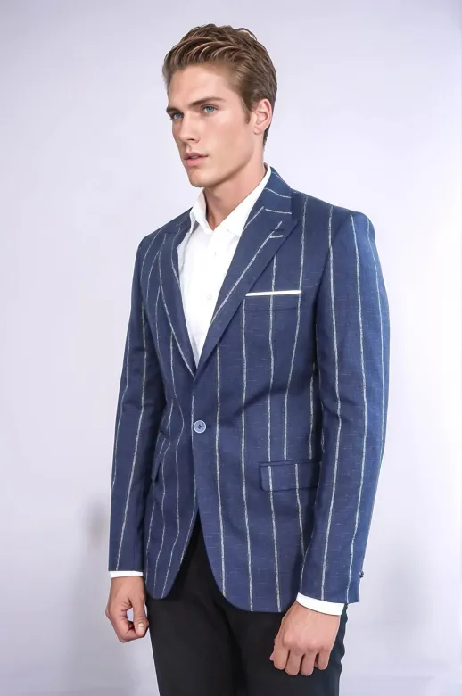 Çizgili Açık Slim Fit Lacivert Erkek Ceket - Wessi