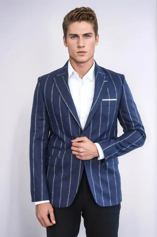 Çizgili Açık Slim Fit Lacivert Erkek Ceket - Wessi